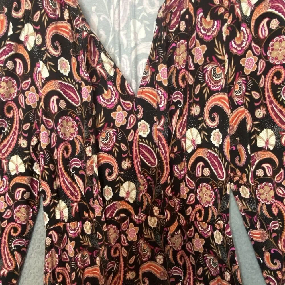 Loft Brown Boho Prairie Womens Keyhole Neck Tie Front LS Maxi Dress Sz M Stretch